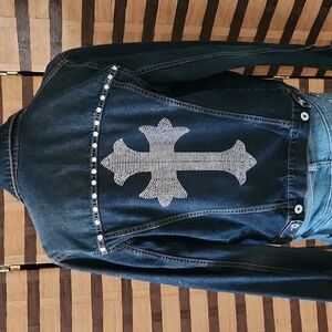 Custom made cross rhinestone jean jacket